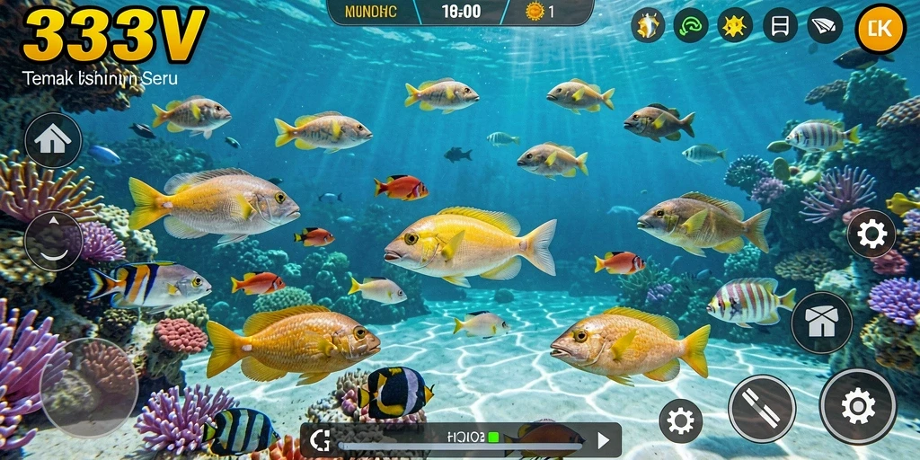 Tampilan gameplay seru dalam 333V, siap berburu ikan bersama teman.