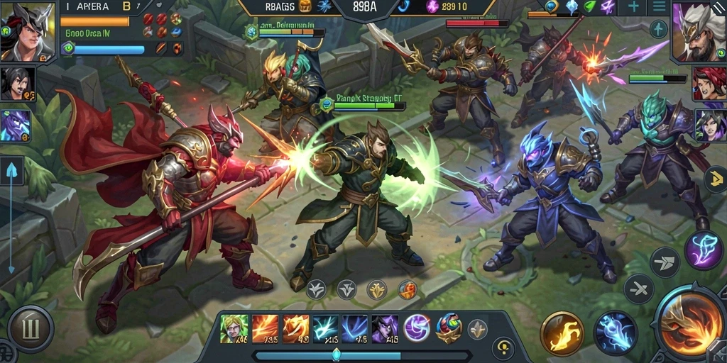 Tangkapan layar utama 898A menampilkan aksi pertarungan MOBA yang intens.
