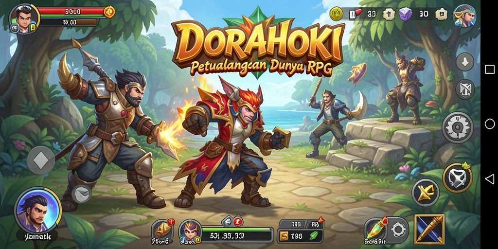 Menampilkan aksi seru dalam gameplay RPG DORAHOKI.