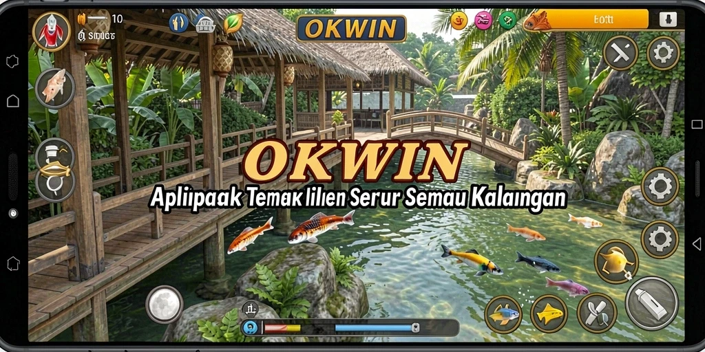 Tampilan dinamis dari gameplay OKWIN saat menangkap ikan beragam.