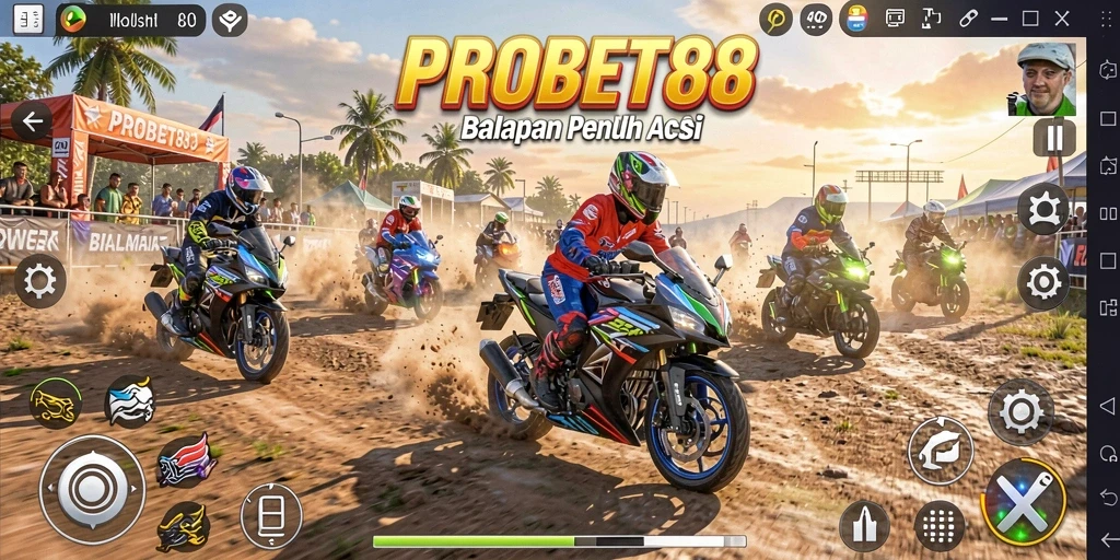Screenshot utama PROBET88 menampilkan adrenalin tinggi balapan motor.