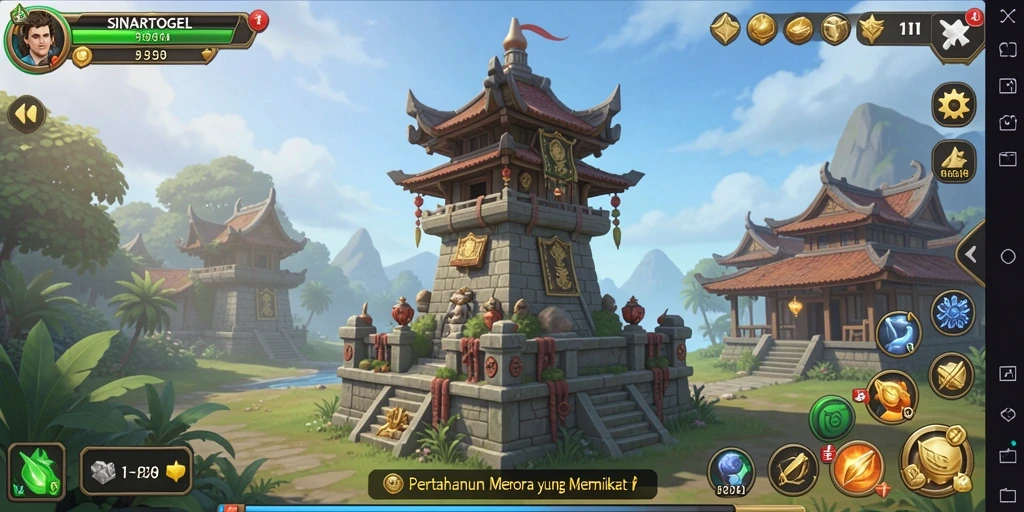 Screenshot gameplay SINARTOGEL menampilkan pertahanan menara yang epik.