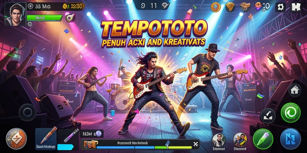 Screenshot gameplay TEMPOTOTO menampilkan momen permainan yang penuh energi dan musik.